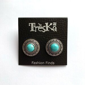 Treska faux turquoise circle etched silver tone stud post earrings